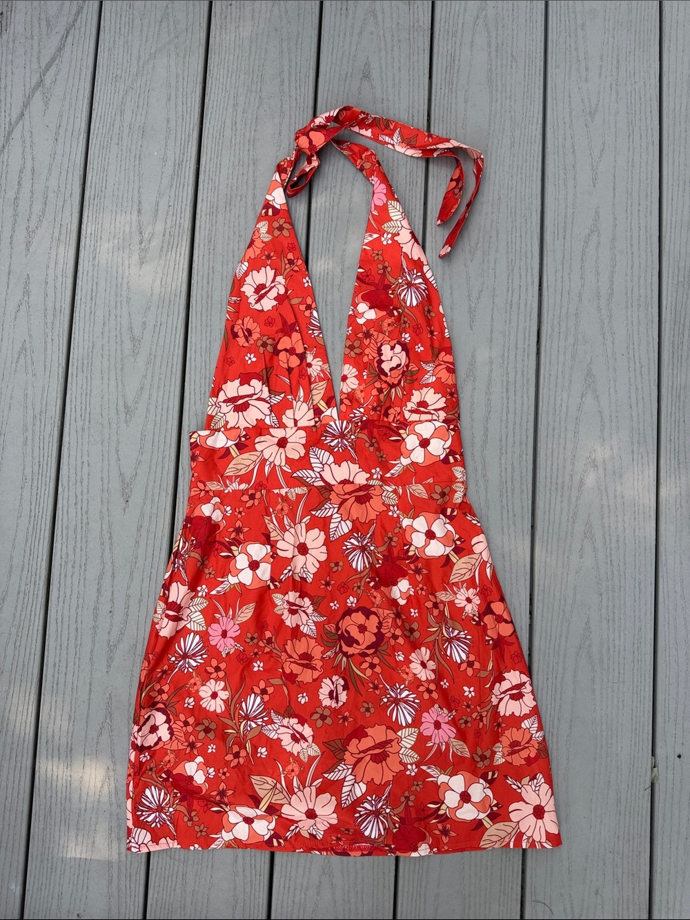 Women's Small Red and Orange Floral Halter Neck Dress
